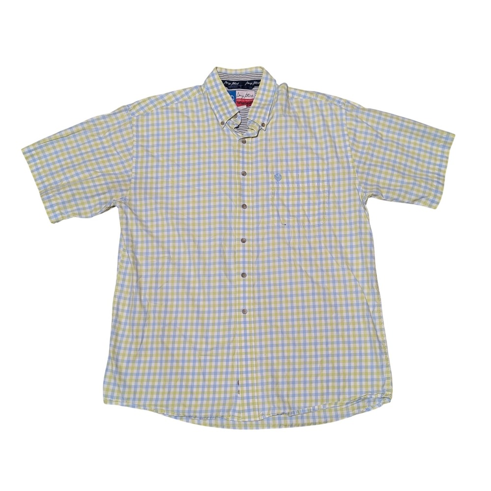 Wrangler Shirt Mens Large Blue Green Plaid Cowboy Cut Short Sleeve Button Down